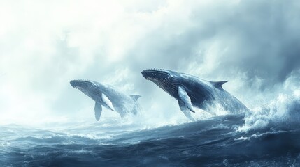 Fototapeta premium A pod of whales breaching the ocean surface, with mist rising as they exhale
