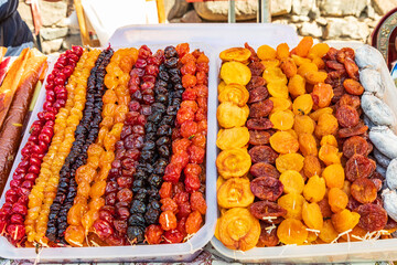 Armenia, Ararat Province, town of Goght. Dried fruits for sale at farmer's market.