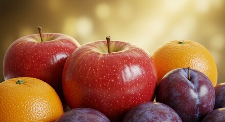 Vibrant Fruit Arrangement: A close-up shot of various colorful fruits, including apples, plums, and oranges, is presented on a soft background, evoking feelings of freshness and healthy eating.
