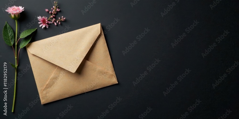 Poster a kraft paper envelope and delicate pink flowers rest on a dark background, creating a minimalist sc