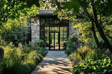 Obraz premium A picturesque garden path winds its way towards a charming stone building, enveloped by vibrant, lush greenery illuminated by the warm golden sunlight of the morning