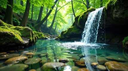 Fototapeta premium Serene Waterfall Cascading into a Mossy Forest Pool