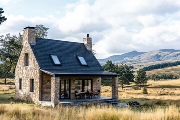 Charming stone cottage set in a serene landscape with rolling hills and greenery in the background under a partly cloudy sky