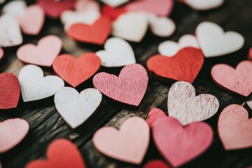 Obraz premium Vibrant wooden hearts artfully strewn across a charming rustic wooden table add a delightful touch to any celebration or romantic event