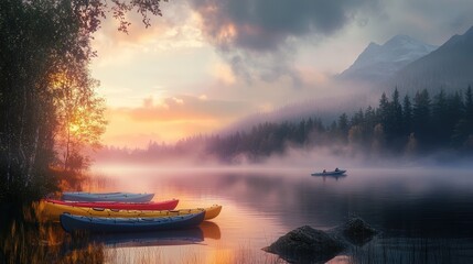 A quiet lake at dawn, with colorful kayaks resting on the shore and mist rising