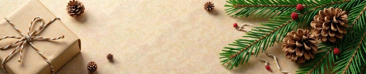 Wrapping paper with pine branches and pinecones, kraft paper, twine