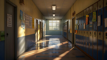 Empty school hallway with lockers and sunlight.