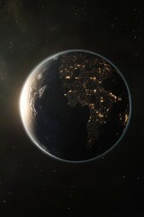 Fototapeta premium A realistic depiction of Earth from space, with continents illuminated by city lights