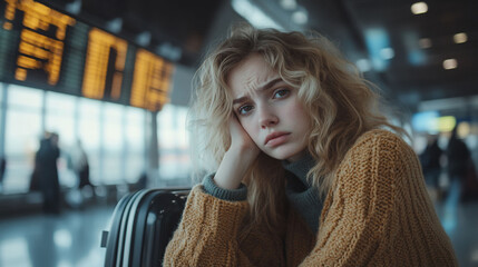 Worried woman waits at airport terminal, departure board in background; travel, stress