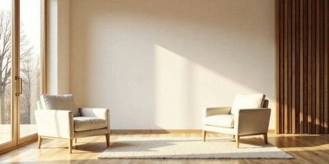 Modern minimalist living room interior design with sunlight streaming through large window and two light beige armchairs on a rug