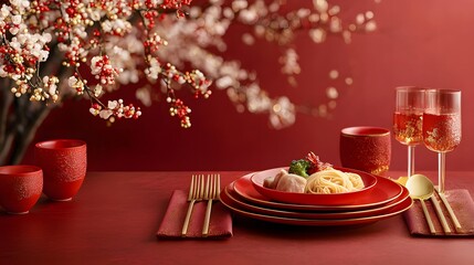 Naklejka premium Luxurious Chinese New Year table setting featuring an array of elegant dishware cutlery and a lush floral centerpiece against a rich red backdrop