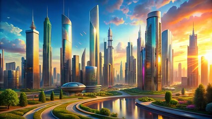 Futuristic Finance: Utopian Cityscape with Abundant Resources and Thriving Economy - Stock Photo