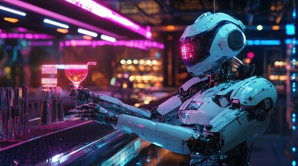 A robot bartender serving glowing drinks at a cyberpunk nightclub
