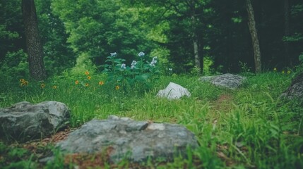 Serene Forest Path with Blooming Hydrangeas and Rocks