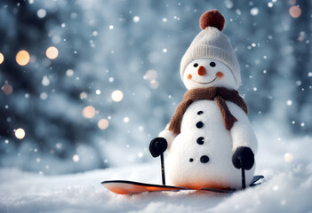 Fototapeta premium snowman christmas skiing winter background landscape nature sport holiday house bungalow tree greeting wallpaper snowy sliding fun conifer