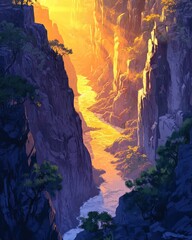 A rocky canyon illuminated by the golden hour, with a river winding through
