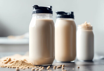 whey diet banner space shake white nutrition sports concept fitness soy background food protein copy powder energy cocktail body bodybuilding bottle breakfast chocolate cup drink fresh glasses