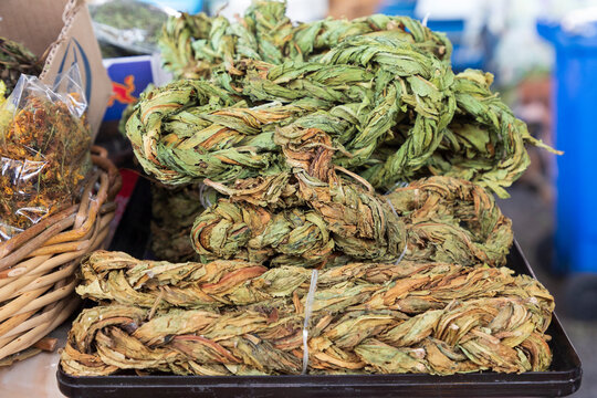 Armenia, Yerevan. Farmer's market. Braided sorrel, aveluk.