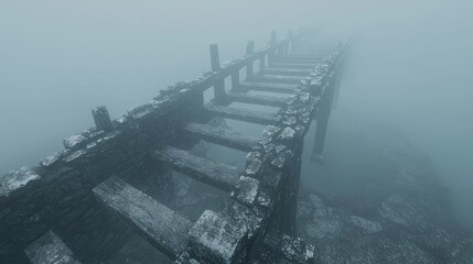 Fototapeta premium Abandoned Weathered Wooden Dock in Foggy Landscape Evoking Mystery and Isolation