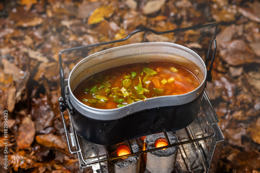 Wall mural キャンプの食事　Outdoor and camping breakfast set