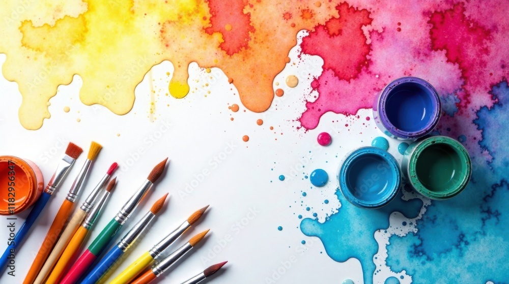 Poster Vibrant Watercolor Splashes with an Array of Paintbrushes and Paint Pots Arranged on a White Surface