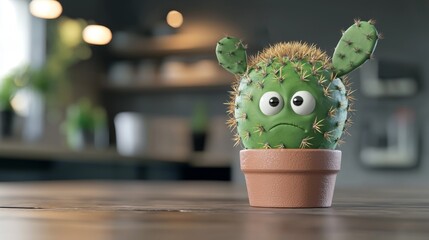 Sad Cartoon Cactus in Pot on Wooden Table 3D Rendered Illustration