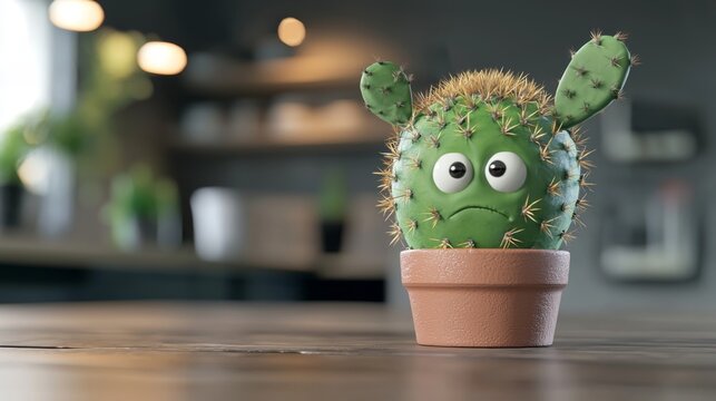 Sad Cartoon Cactus in Pot on Wooden Table 3D Rendered Illustration