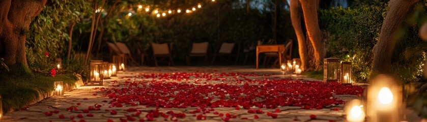 A romantic pathway adorned with rose petals and soft lighting for a special occasion.