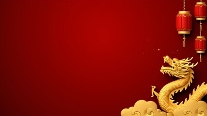 Chinese New Year celebration photo frame golden dragon on red background
