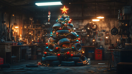 Tire Christmas tree in a garage workshop, festive holiday scene, for greeting cards
