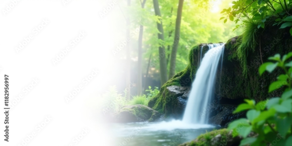 Poster serene waterfall cascading through lush greenery in a tranquil forest