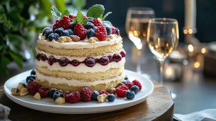A beautifully presented layered cake, garnished with fresh berries and nuts, placed on a white plate. The cake is set on a rustic wooden table, accompanied by elegant glasses, creating a cozy Cake
