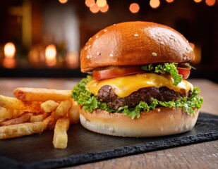 Side view of a gourmet cheeseburger with french fries