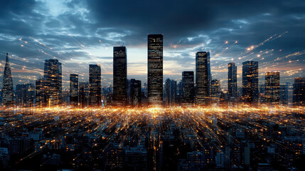 Obraz premium Futuristic city skyline with glowing lights and dramatic clouds