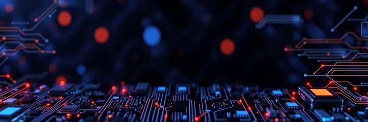 Futuristic banner design with blockchain technology elements in techno style, microchips, and NFT concept for web with copyspace, cryptocurrency, non fungible token, NFT