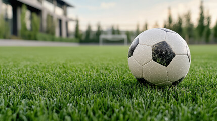 Fototapeta premium Close up of soccer ball on lush green field with morning dew