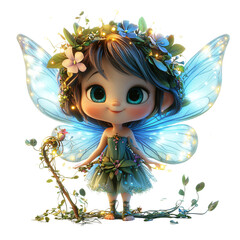 A whimsical fairy character with butterfly wings, adorned with flowers and glowing elements.