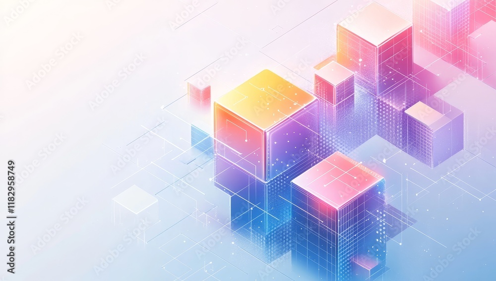 Poster abstract colorful cubes, digital data, network technology.