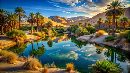 Dramatic Desert Oasis: Stunning High-Resolution Stock Photo of Lush Vegetation & Serenity in Arid Landscape