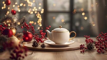 Fototapeta premium A festive winter scene featuring a beautifully decorated table with a wreath pine cones berries and a steaming hot cup of tea creating a warm and inviting atmosphere for the holiday season