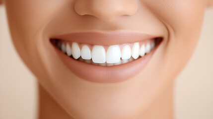 Close-up of a perfect amazing white smile with healthy teeth and lips, symbolizing dental care, beauty, and oral hygiene.