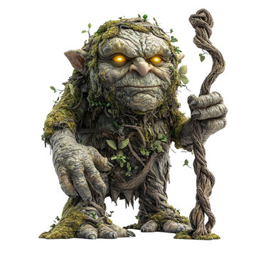A moss-covered troll holding a staff, with glowing eyes, blending nature and fantasy elements.