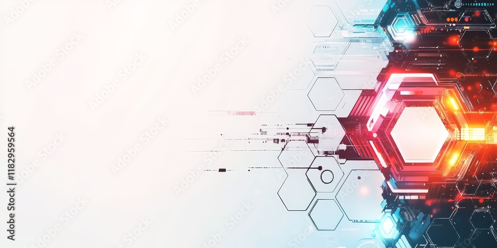 Poster Abstract technology background with glowing hexagons and digital elements.