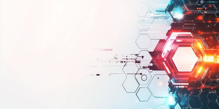 Abstract technology background with glowing hexagons and digital elements.