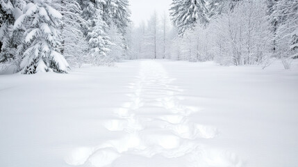 Fototapeta premium serene winter landscape featuring snowy forest path with footprints