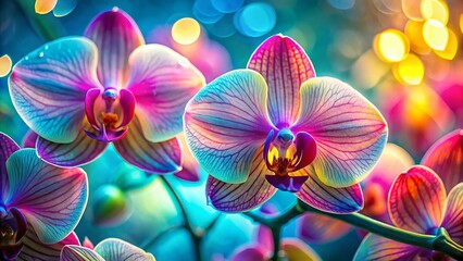 Dreamy Neon Orchids: Ground Level Exhibition Quality Stock Photo - Vibrant Floral Macro Photography