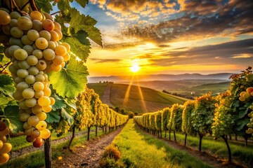 Fototapeta premium German Wine Region Vineyard Landscape at Sunset, Lush Grapes Hanging from Vines