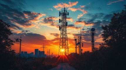 A silhouette of communication towers against a vibrant sunset sky, symbolizing technology and connectivity.