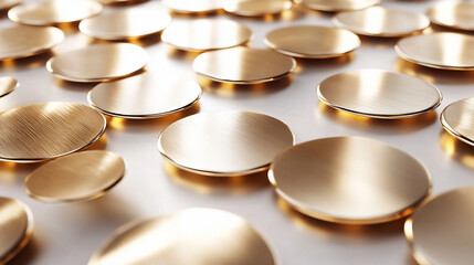 Golden discs scattered on a light surface, background blurred; product presentation