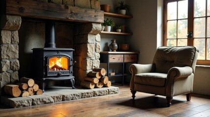 Cozy stone fireplace with burning wood and comfortable armchair